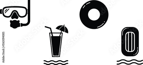 Snorkeling Gear, Inflatable Pool Floats, Refreshing Drinks, Vector Design, Beach Environment, Graphics