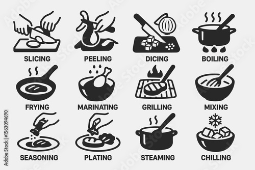 Illustrated cooking techniques: slicing, peeling, dicing, boiling, frying, marinating, grilling, mixing