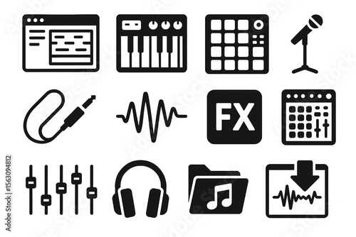 Black and white music production icons: synthesizer, microphone, audio wave, headphones, sound effects