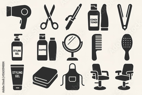 Set of hair salon icons featuring tools and products for hair styling