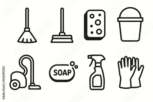 Set of cleaning tools: broom, mop, sponge, bucket, vacuum, soap, spray, gloves icons