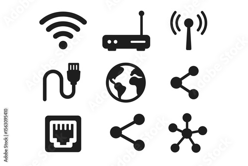 Black technology icons: wi-fi, router, networking, cable, earth, share symbols