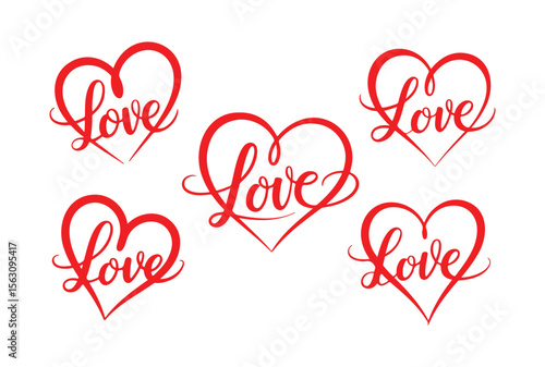 Five red calligraphy love hearts on a white background isolated on white background