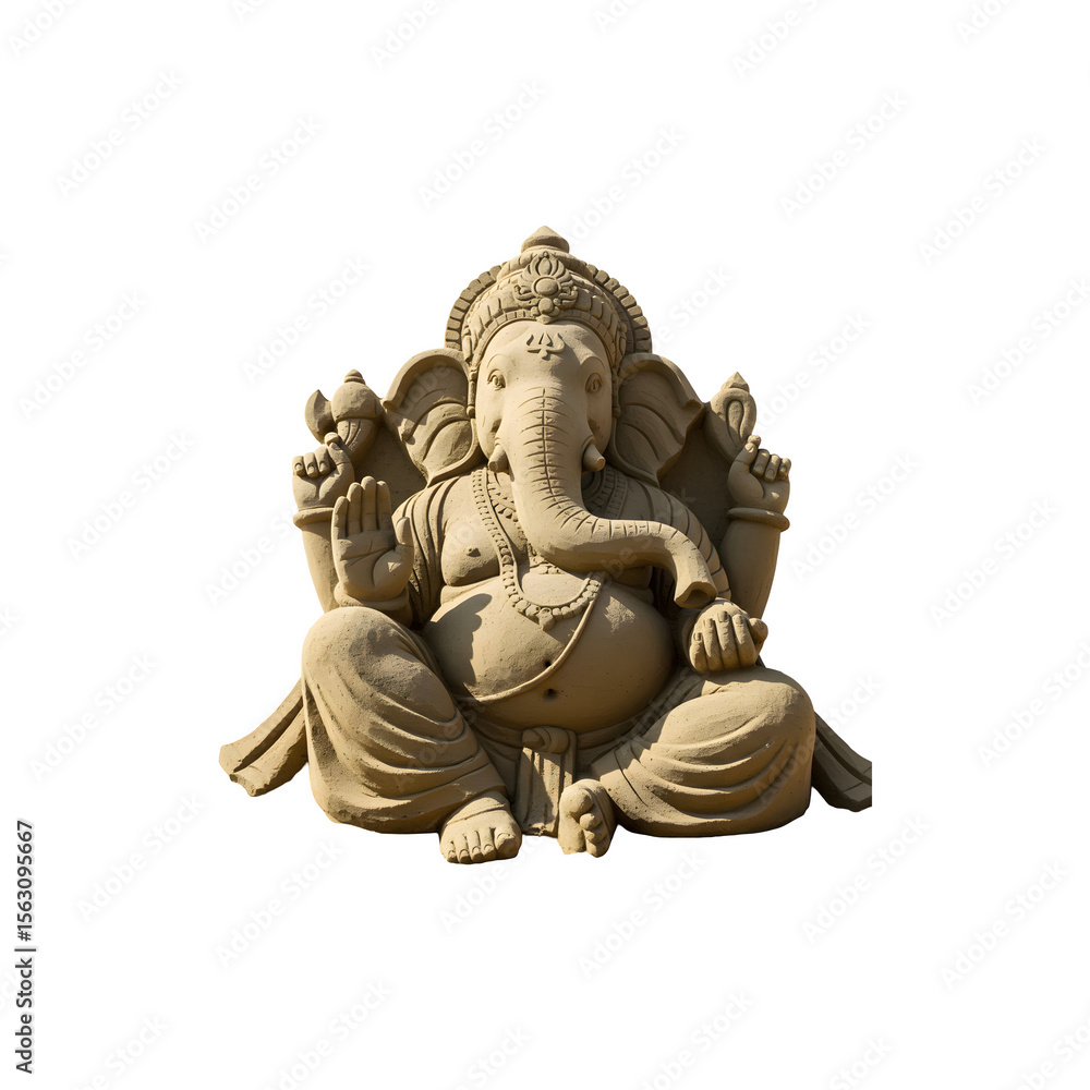 Fototapeta premium Sitting Lord Ganesha idol with calm expression traditional ornaments and blessing hand pose