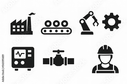 Industrial icons: factory, conveyor belt, robotic arm, gear, monitor, valve, worker