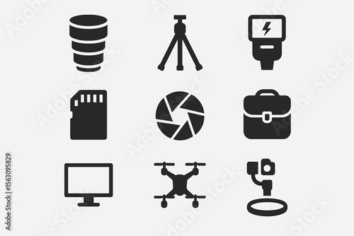Photography equipment icons: lens, tripod, flash, memory card, shutter, bag, monitor, drone, stabilizer