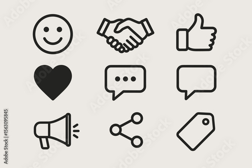 Set of communication icons: smiley, handshake, thumbs up, heart, speech bubbles, megaphone, share, tag