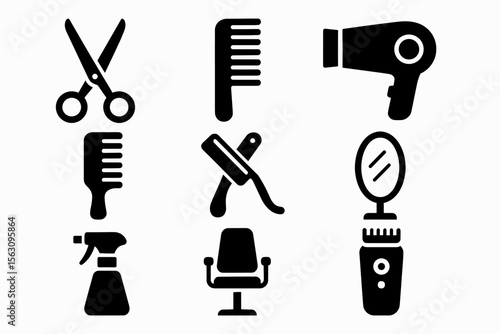 Silhouettes of hair salon tools: scissors, comb, dryer, razor, spray bottle, styling chair