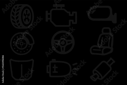 Automotive parts icons: engine, wheel, mirror, brake, steering, seat, windshield, headlight, exhaust