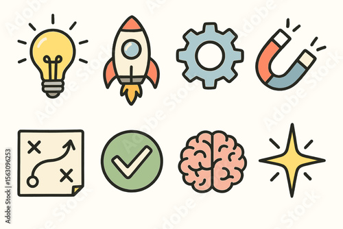 Creative icon set featuring lightbulb, rocket, gear, magnet, map, checkmark, brain, and star