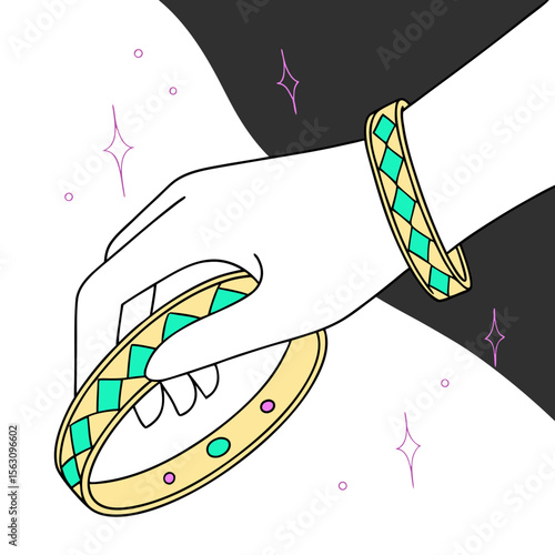 Hand holding golden bracelets with colorful gems on dark background  