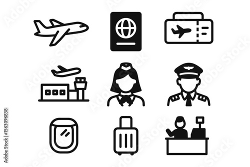 Aviation icons featuring airplane, passport, ticket, pilot, flight attendant, and airport