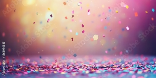 A vibrant explosion of colorful confetti falling gracefully against a dreamy, blurred background, creating a festive and joyful atmosphere perfect for celebrations.