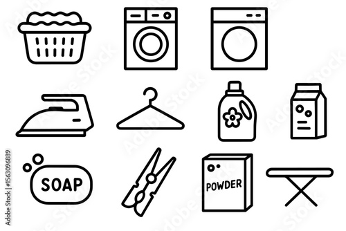 Laundry icons set: washer, soap, iron, and more