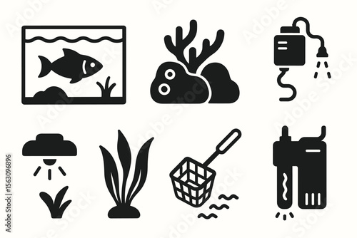 Aquarium care icons: fish tank, coral, filter, net, light, plants, water pump