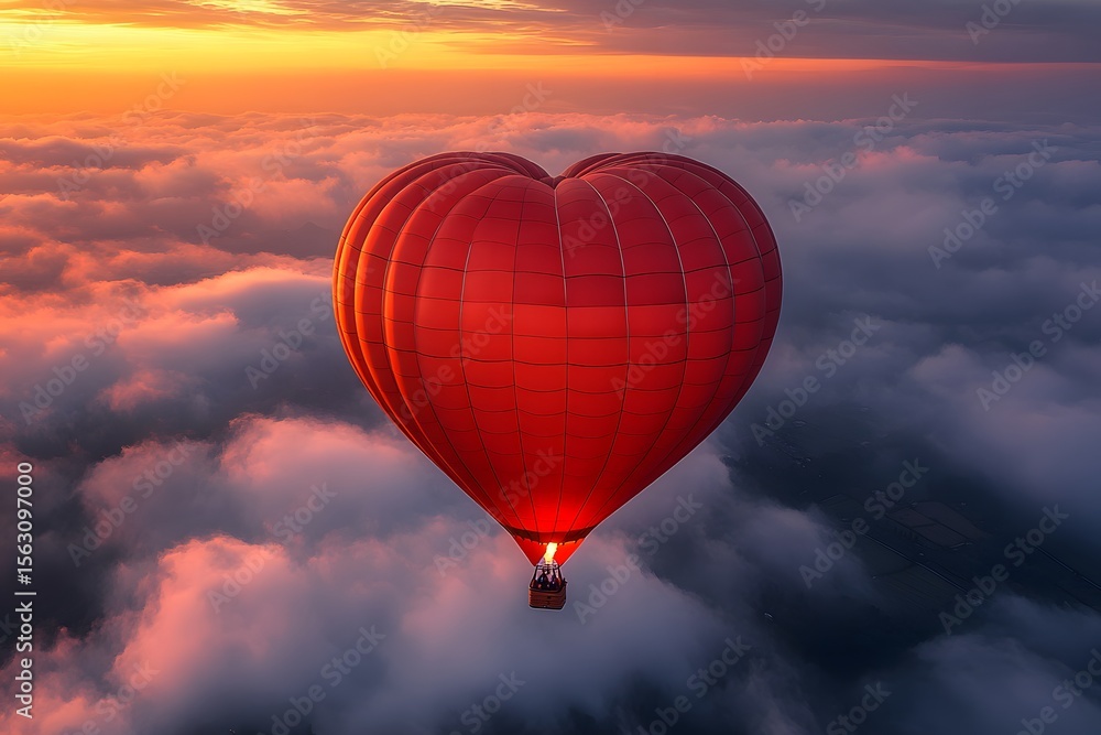 Fototapeta premium Heart-Shaped Hot Air Balloon Above Clouds at Sunrise - Romance and Adventure Concept