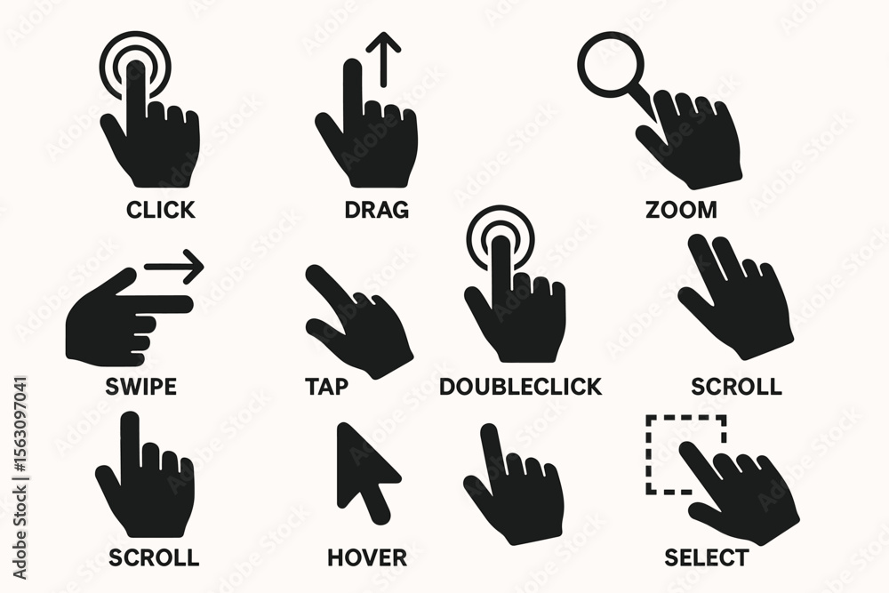 Fototapeta premium Hand gestures icons for touchscreen interactions: click, drag, zoom, swipe, tap