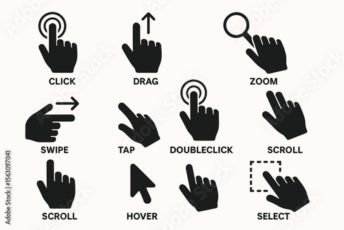 Hand gestures icons for touchscreen interactions: click, drag, zoom, swipe, tap