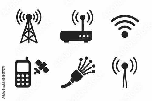 Wireless and telecommunications icons: tower, router, wifi, mobile, satellite, fiber optic