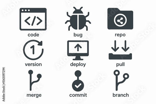 Software development icons: code, bug, repo, version, deploy, pull
