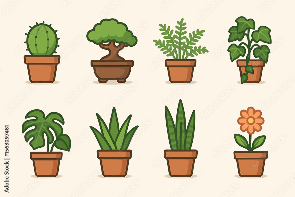 Obraz premium Illustrated collection of various houseplants in pots on a light background