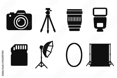 Camera and photography equipment icons: camera, tripod, lens, flash