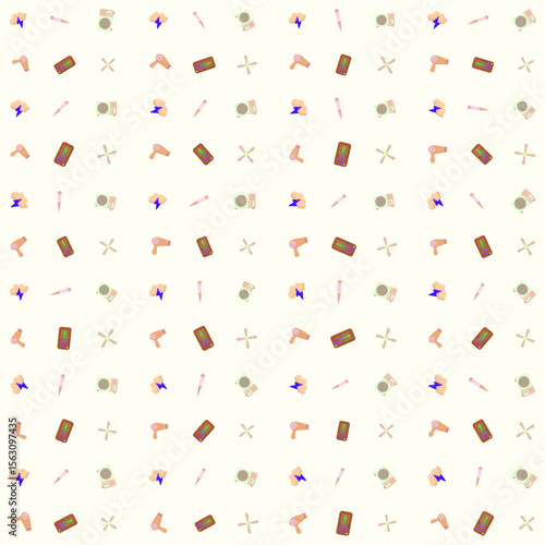 Pattern of Rain thunder, thermometer, air conditioner, hair dryer, and fan, seamless vector, weather theme