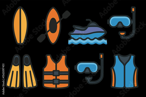 Colorful icons of water sports equipment on black background