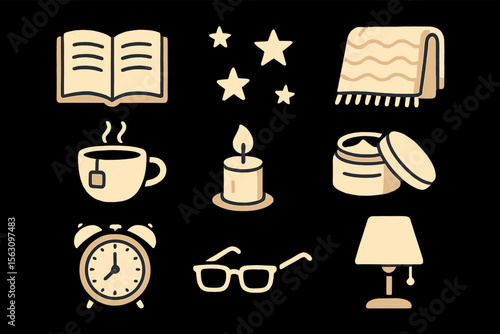Cozy night essentials: open book, stars, blanket, tea, candle, cream, alarm, glasses, lamp icons