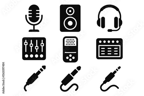 Audio equipment icons: microphone, headphones, speaker, mixer, cables, soundboard