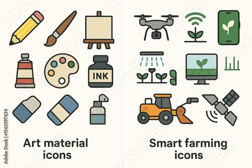 Art materials and smart farming icon set: tools and technology for creativity and agriculture
