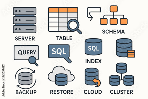 Database icons illustration featuring server, table, schema, query, sql, index, backup, restore, cloud, and cluster