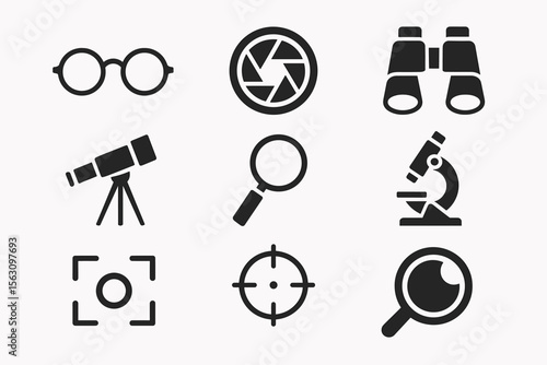 Set of black vision icons: glasses, binoculars, telescope, microscope, magnifying glass