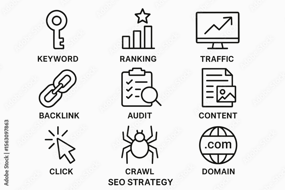 Fototapeta premium Seo strategy icons: keyword, ranking, traffic, backlink, audit, content, crawling, domain