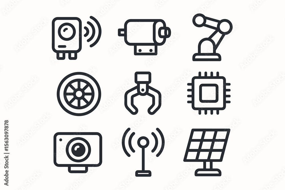 Fototapeta premium Set of technology icons: robotics, iot, sensors, and renewable energy symbols