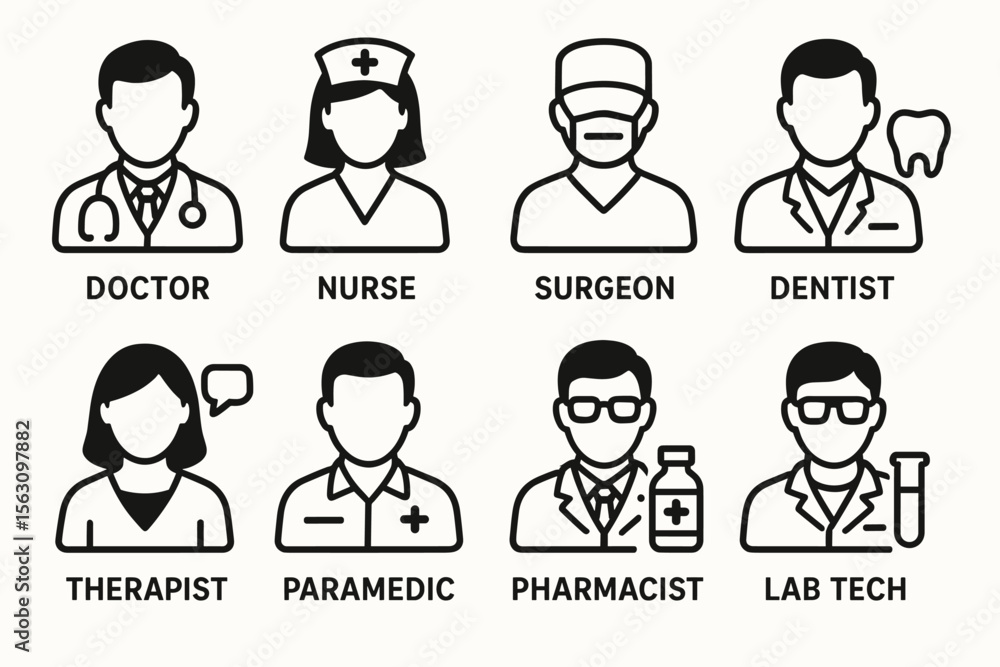 Medical professionals icons: doctor, nurse, surgeon, dentist, therapist, paramedic, pharmacist, lab tech Medical professionals icons: doctor, nurse, surgeon, dentist, therapist, paramedic, pharmacist, lab tech