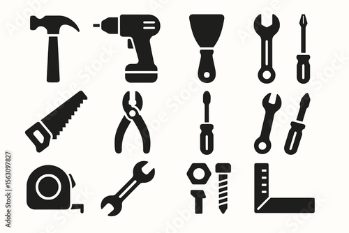 Silhouette icon set of various hand tools for construction and repair