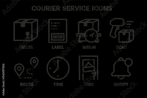 Courier service icons: parcel, label, weigh, scan, route, time, sign, notify