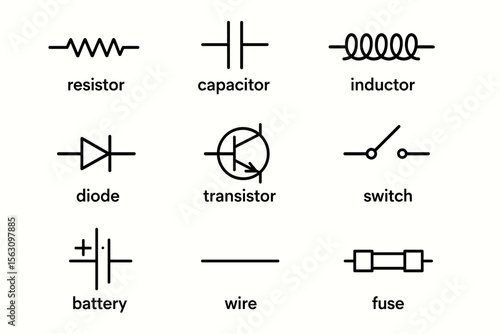 Basic electronic components: resistor, capacitor, inductor, diode, transistor, switch, battery, wire, fuse