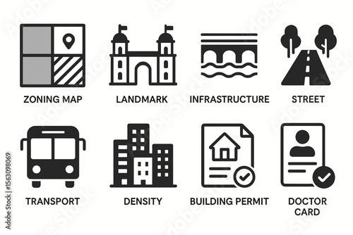 Urban planning icons: zoning, landmarks, infrastructure, and more