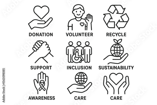 Icons of donation, volunteering, recycling, support, inclusion, and sustainability awareness