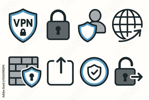 Vpn and security icons set: shield, lock, privacy symbols for online protection