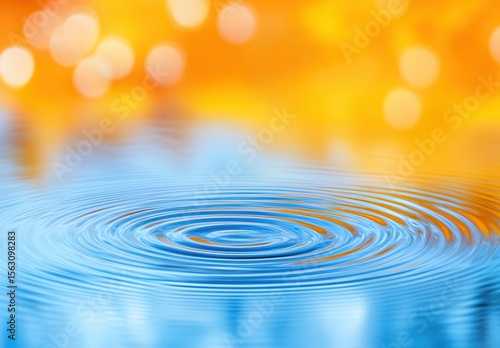 A serene water surface creating gentle ripples under a vibrant orange and blue bokeh background, evoking a sense of tranquility and calmness.