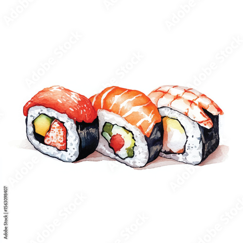 Watercolor Trio of Sushi Rolls with Fresh Fruit and Seafood