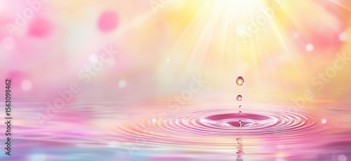 Wallpaper Mural A serene drop of water creating ripples on a soft pink and golden background, radiating tranquility and beauty through delicate reflections and light. Torontodigital.ca