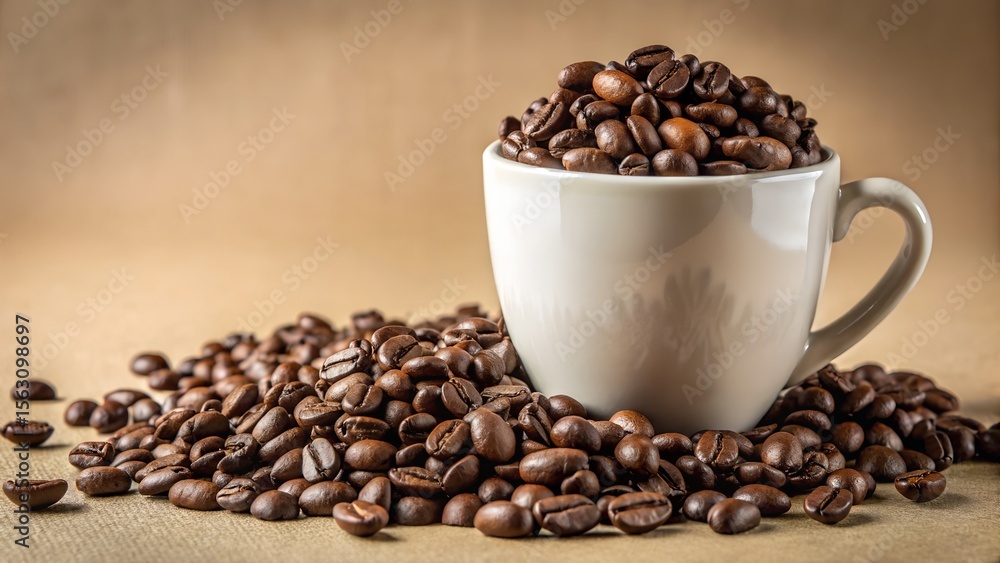 Fototapeta premium Photo of a white cup filled with dark roasted coffee beans sits on a brown surface surrounded by more beans