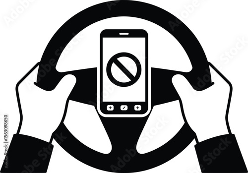 No Phone While Driving Icon, Steering Wheel Mobile Ban Safety Symbol.