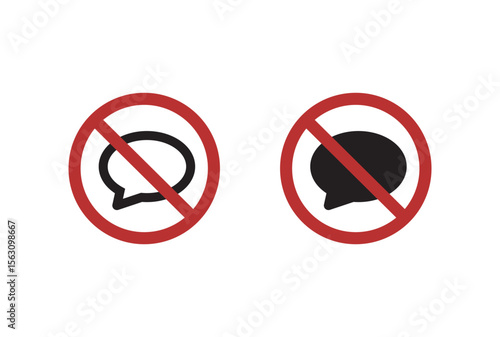 Two prohibition signs with speech bubble icons isolated on white background