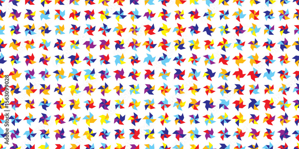 Joyful seamless bg with pinwheels on white. Abstract geometric pattern in the form of a windmill triangles. Bright motif for the design of a handkerchief, scarf, tie, bandana. Simple vector mosaic Joyful seamless bg with pinwheels on white. Abstract geometric pattern in the form of a windmill triangles. Bright motif for the design of a handkerchief, scarf, tie, bandana. Simple vector mosaic