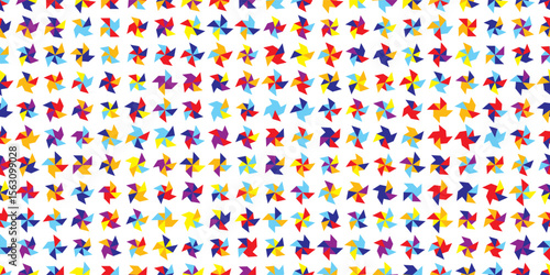 Joyful seamless bg with pinwheels on white. Abstract geometric pattern in the form of a windmill triangles. Bright motif for the design of a handkerchief, scarf, tie, bandana. Simple vector mosaic